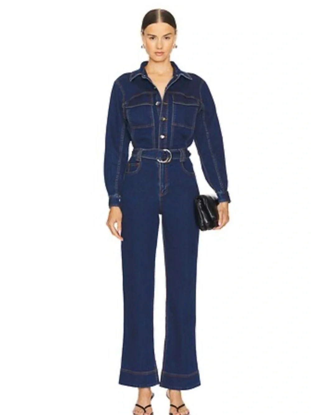 Dark Blue Women's Denim Jumpsuit with Belt - Picture 1 of 4